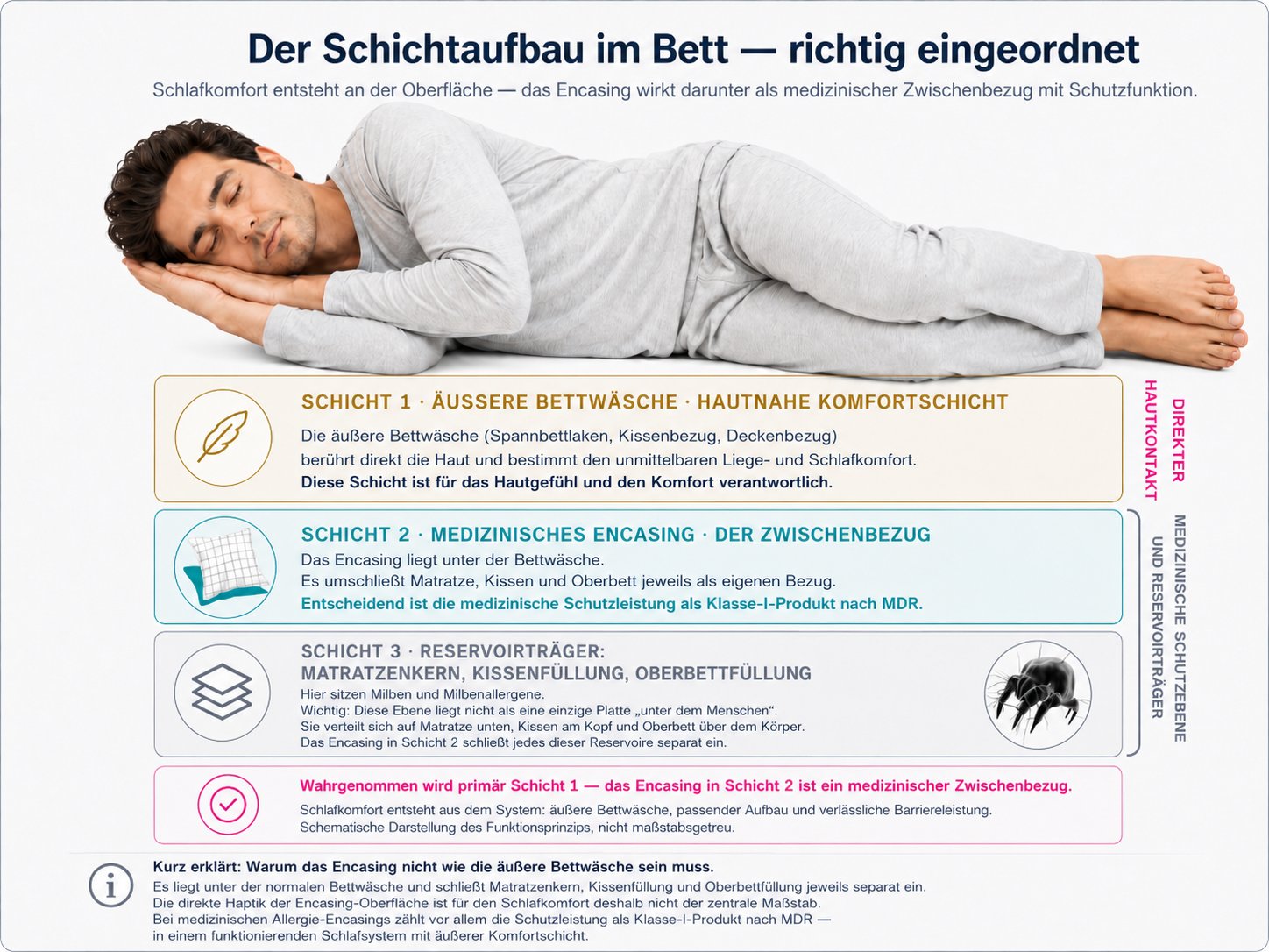 Schaubild „Der Schichtaufbau im Bett — richtig eingeordnet“. Schicht 1 ist die äußere Bettwäsche (Spannbettlaken, Kissen- und Deckenbezug) — sie berührt direkt die Haut und bestimmt Hautgefühl und Liegekomfort. Schicht 2 ist das medizinische Encasing, der Zwischenbezug unter der Bettwäsche, der Matratze, Kissen und Oberbett jeweils einzeln umschließt; entscheidend ist seine Schutzleistung als Medizinprodukt der Klasse I nach MDR. Schicht 3 sind die Reservoirträger — Matratzenkern, Kissen- und Oberbettfüllung —, in denen Milben und Milbenallergene sitzen. Kernaussage: Wahrgenommen wird primär die oberste Komfortschicht; das Encasing wirkt darunter als medizinischer Zwischenbezug, und Schlafkomfort entsteht aus dem Zusammenspiel des ganzen Systems.